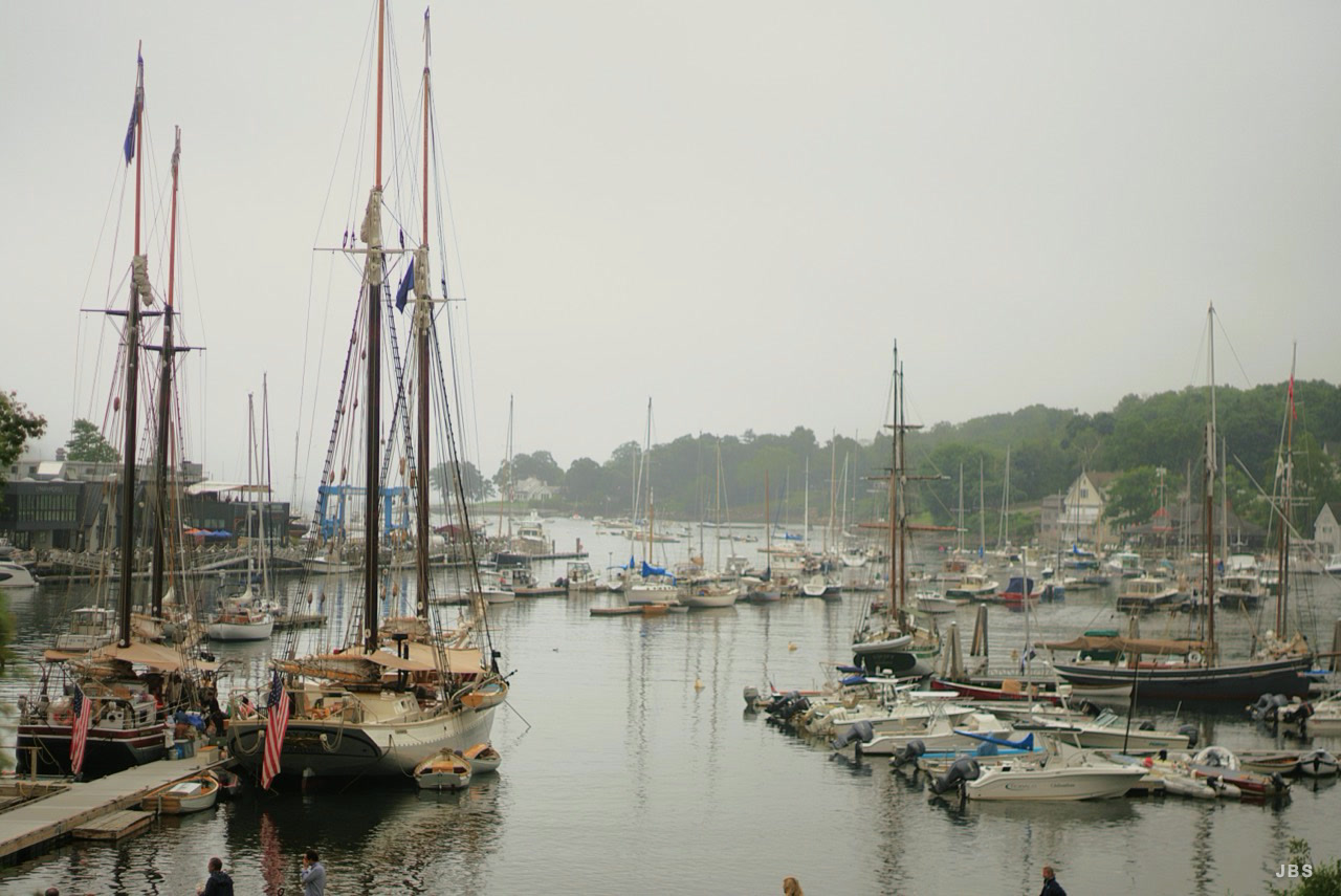 Tall ships and small boats gathered in a misty harbor