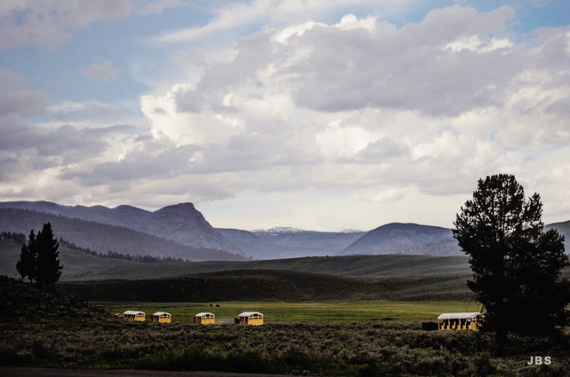 A line of yellow buses crossing a broad mountain valley